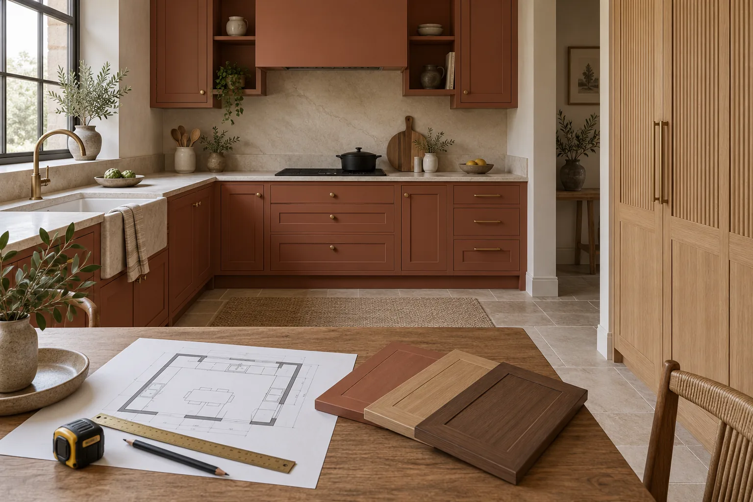 Terracotta kitchen cabinets with a fluted oak pantry and door samples beside a room drawing